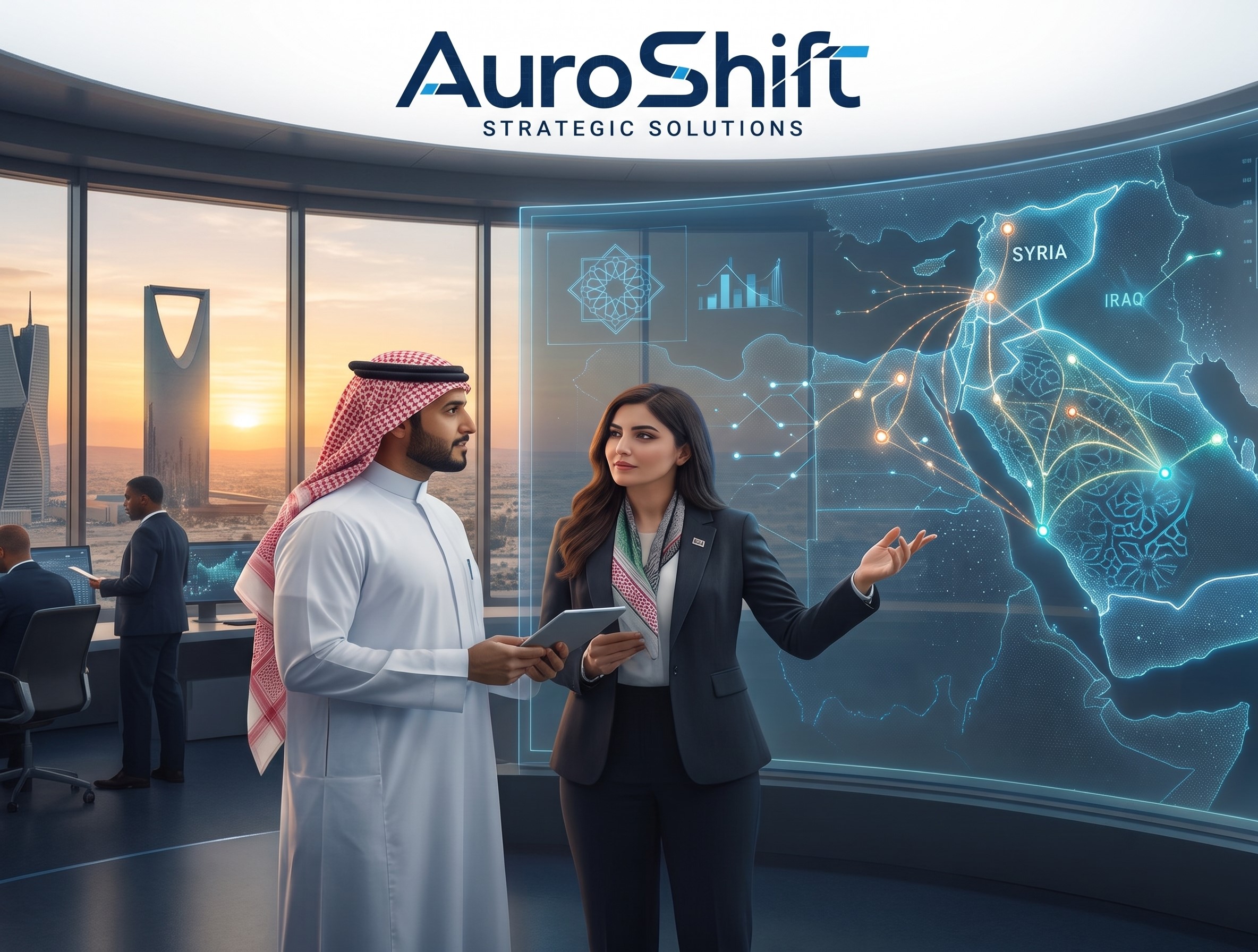 A professional boardroom setting with diverse team members discussing strategic plans, featuring sleek modern architecture, neutral lighting, and a focused, collaborative atmosphere that mirrors the AuroShift corporate brand identity.